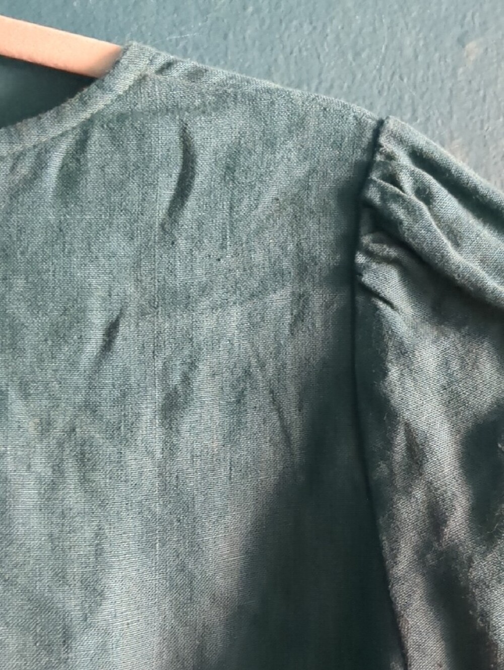 notPERFECTLINEN 100% Linen Cap Sleeve Ruffle Yoke Blouse - Teal Green - Picture 6 of 8